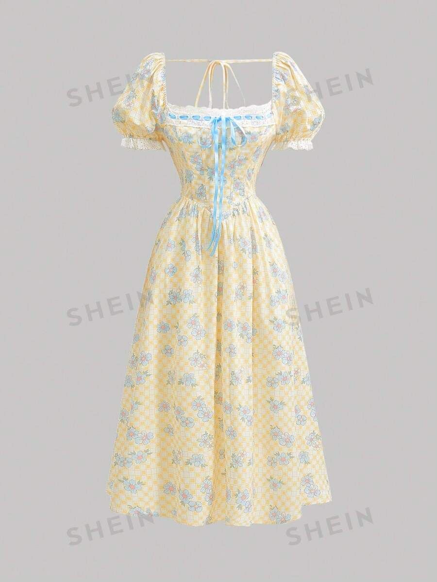 SHEIN MOD Yellow Check & Floral Print Fishbone Dress With Lace Trim,Yellow Dress,Long Beach Dress... | SHEIN