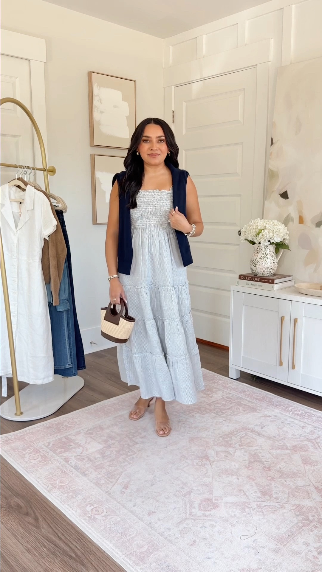 Blue/white striped smocked midi dress XS TTS
Navy sweater XS TTS
Clear heels size 5 TTS

#LTKootd #LTKgrwm #LTKPetite