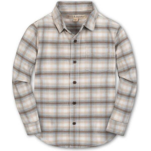 Organic Long Sleeve Flannel Button Down Shirt, Taupe Ombre Plaid | Maisonette