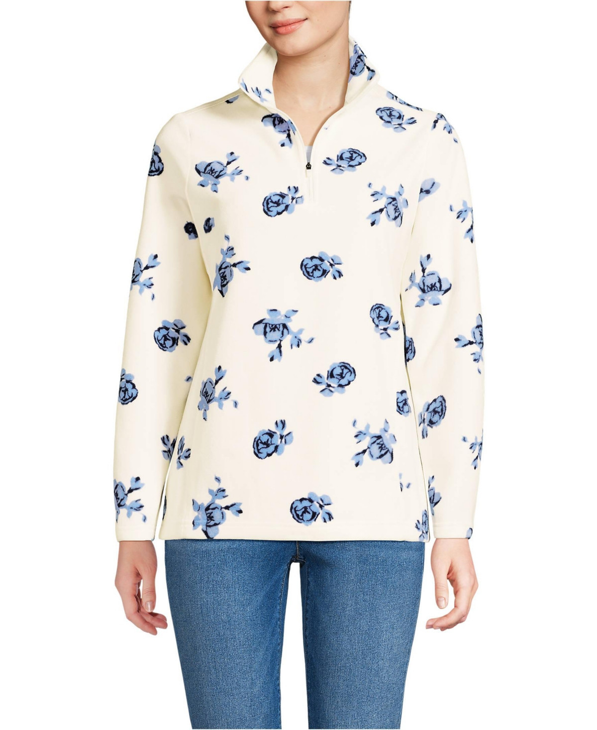 Lands' End Women's Petite Anyweather Fleece Quarter Zip Pullover - Ivory/clear blue tossed floral | Macy's