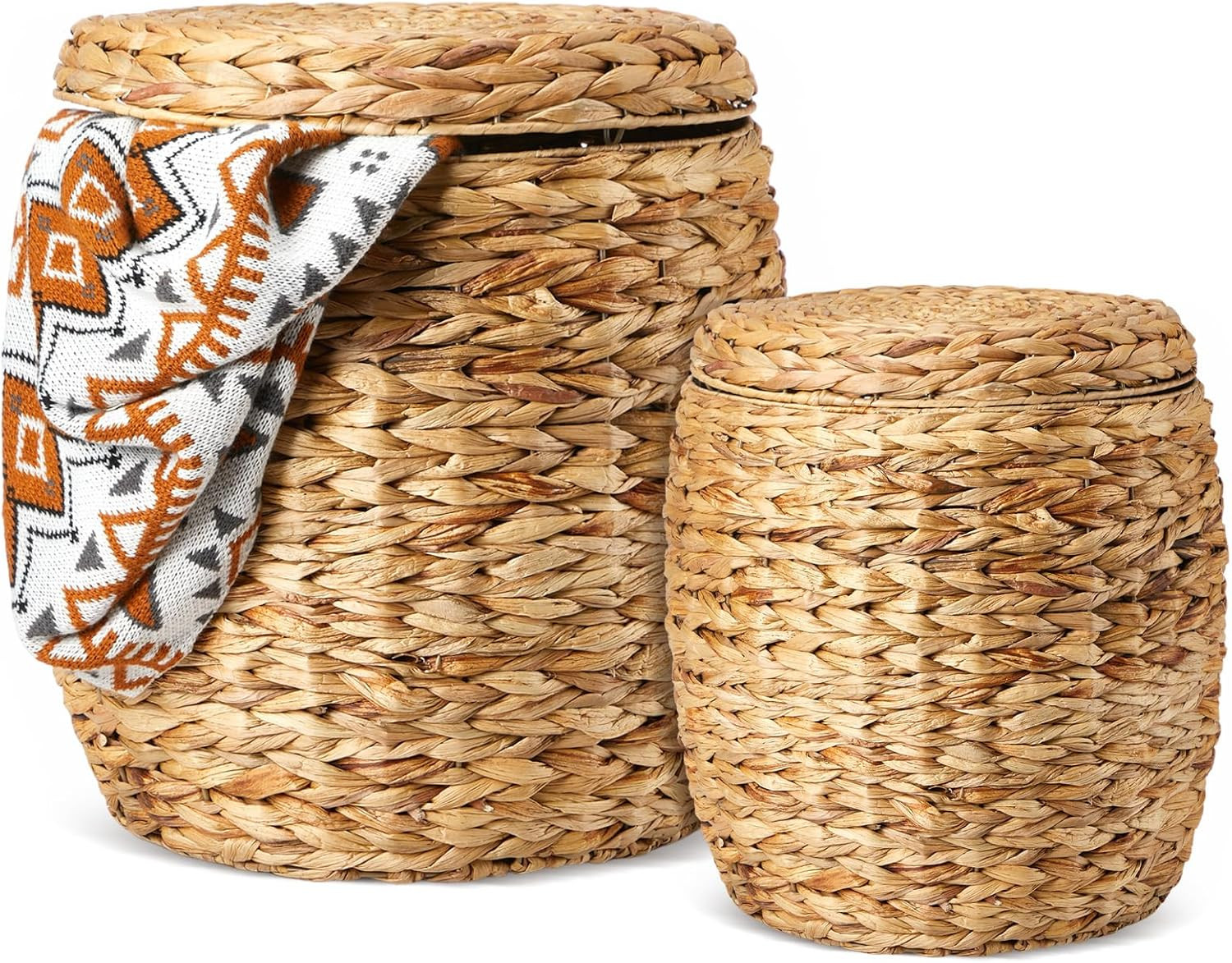 Suzile 2 Pcs Large Barrel Storage Tub with Lid Water Hyacinth Storage Basket Blanket Basket Woven... | Amazon (US)