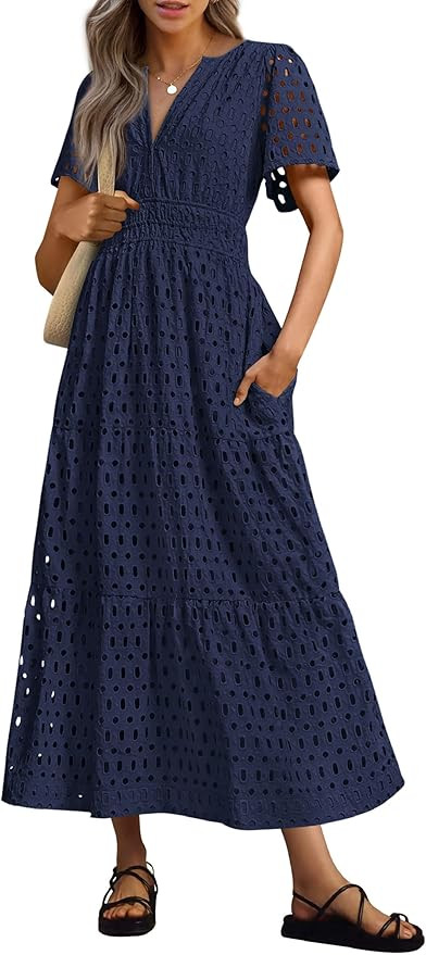 PRETTYGARDEN Womens 2025 Summer Maxi Dress Short Sleeve V Neck Hollow Out Eyelet A Line Long Flow... | Amazon (US)