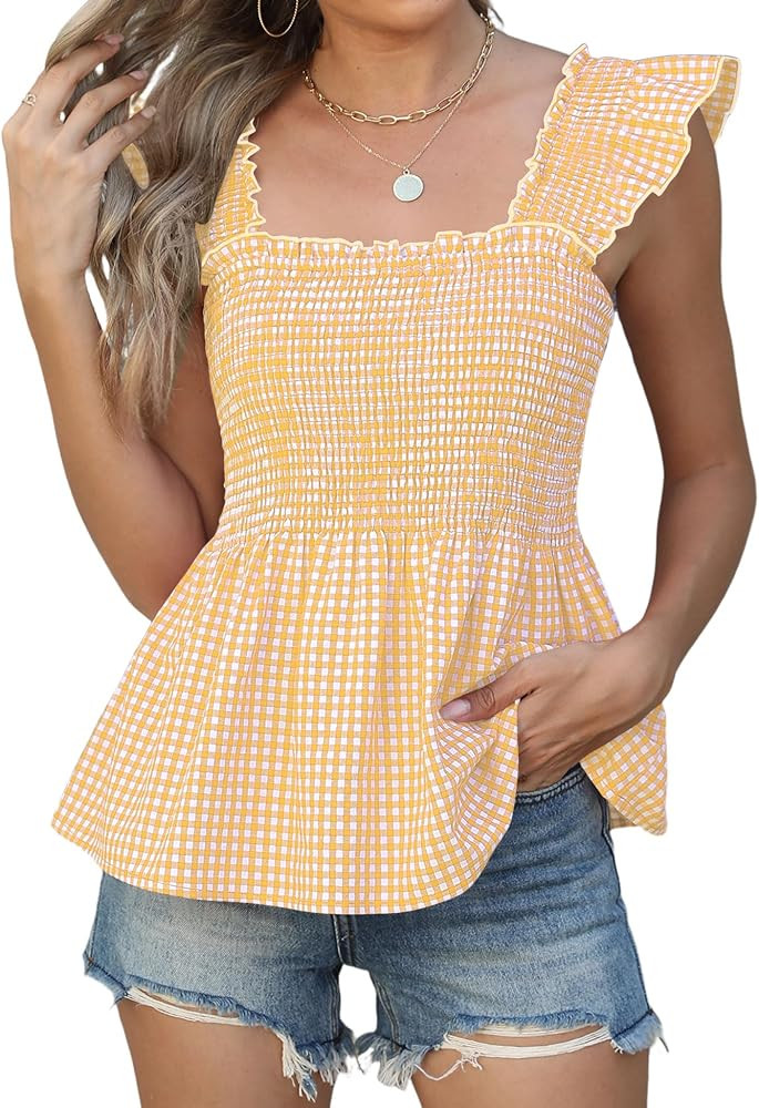 LOMON Womens Tank Tops Fashion Summer Ruffle Flying Sleeve Smocked Blouses Square Neck Sleeveless... | Amazon (US)