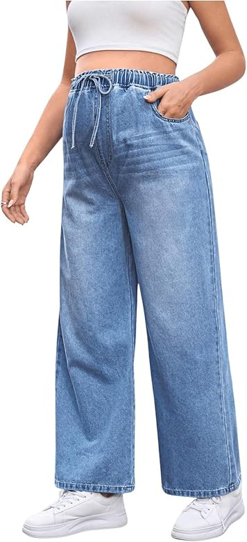 MakeMeChic Women's Maternity Denim Pants Elastic Waist Drawstring Wide Leg Baggy Pregnancy Jeans ... | Amazon (US)