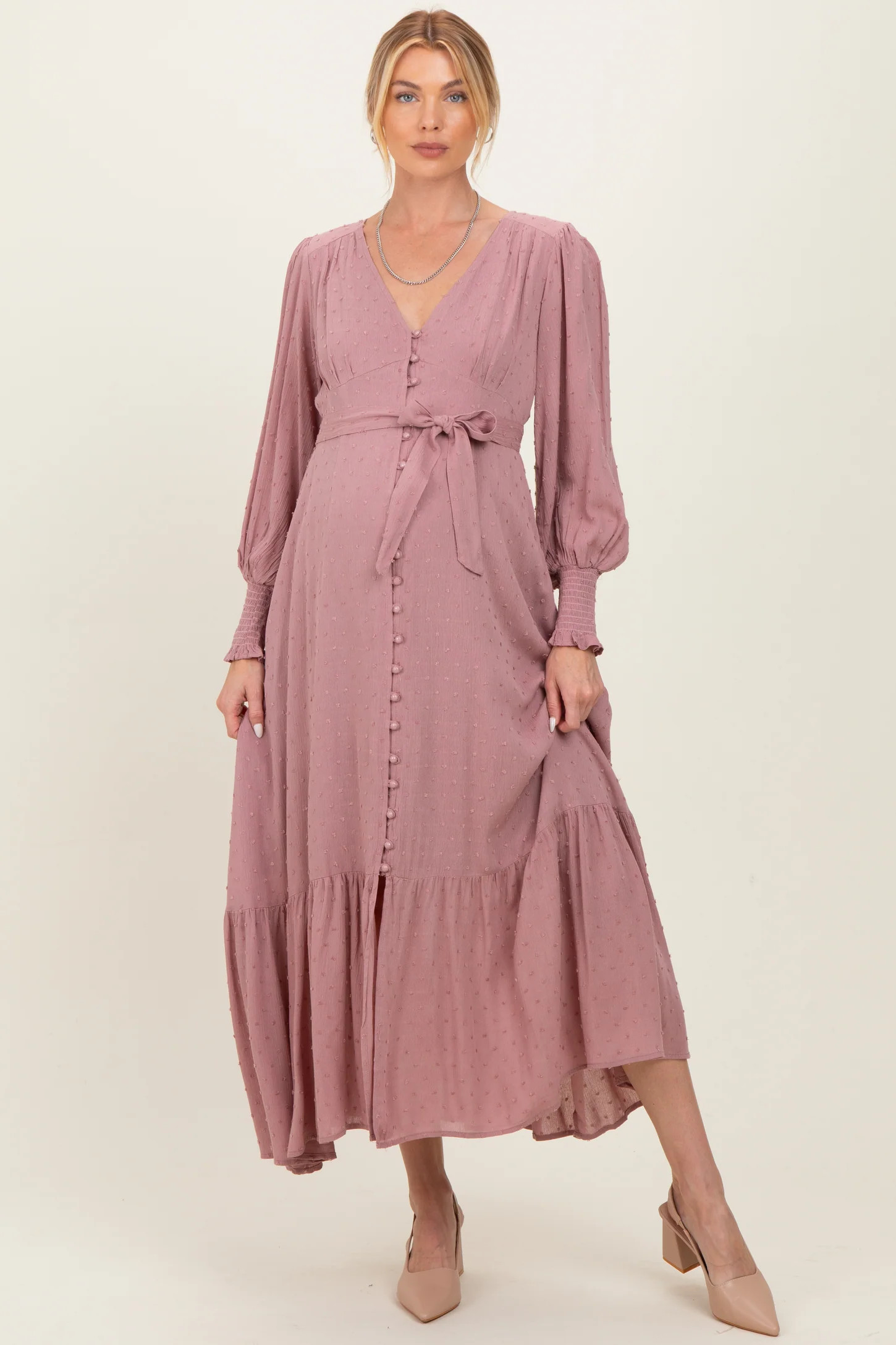 Rose Swiss Dot Button Down Maternity Maxi Dress | PinkBlush Maternity