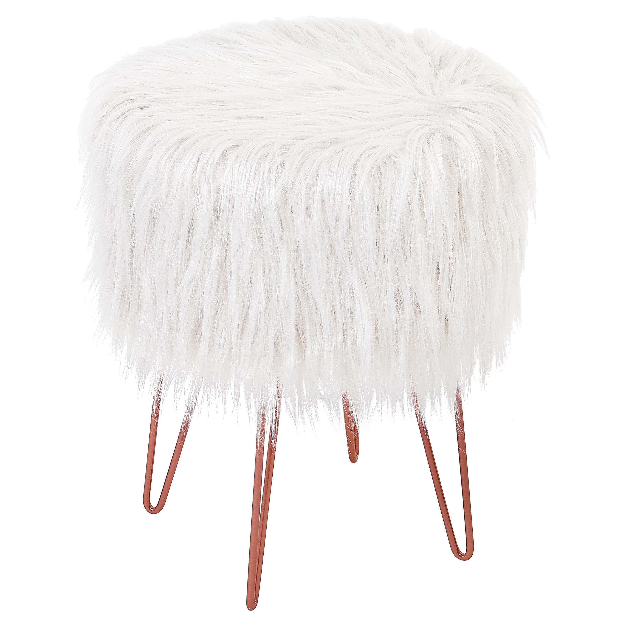 BIRDROCK HOME White Faux Fur Vanity Stool Chair – Soft Furry Compact Padded Seat - Vanity, Living Ro | Amazon (US)