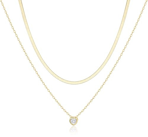 Jewlpire Gold Layered Necklaces for Women, 14K Plated Gold Choker Necklace for Women Trendy Dainty Gold Herringbone Necklace CZ Heart Necklace for Women | Amazon (US)