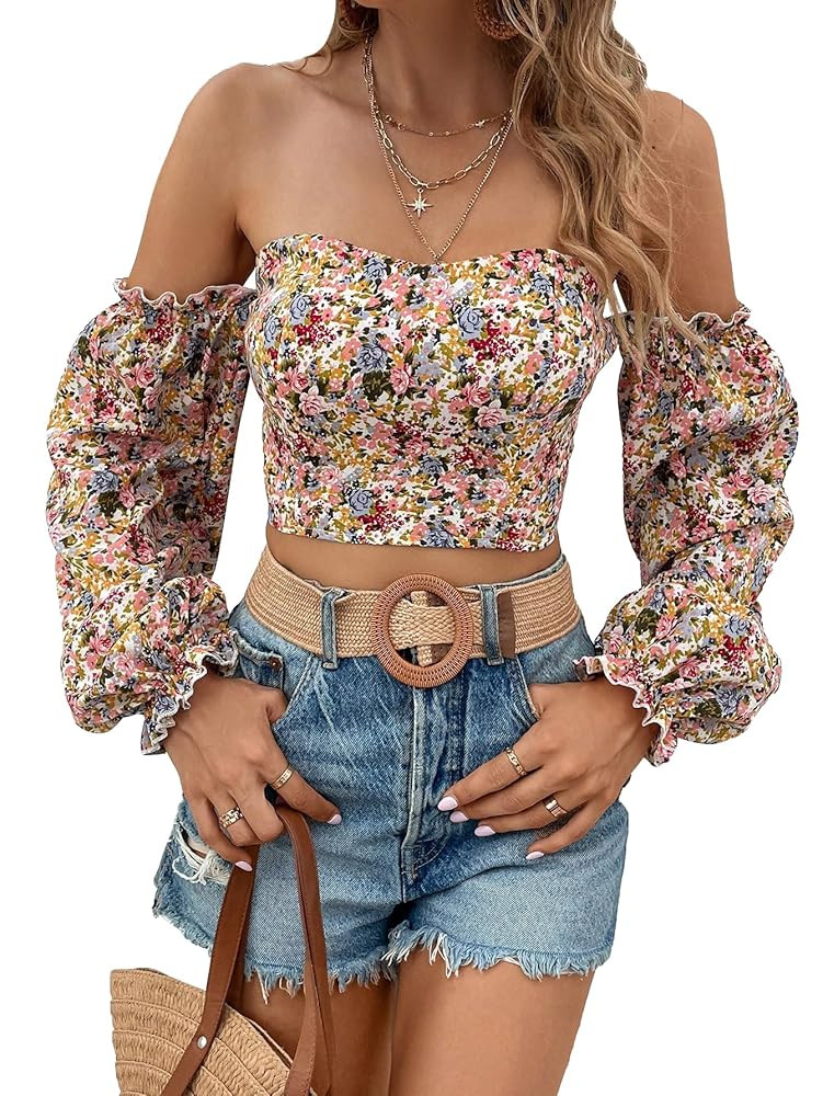 MakeMeChic Women's Off Shoulder Lantern Sleeve Crop Top Boho Ditsy Floral Blouse Shirt | Amazon (US)