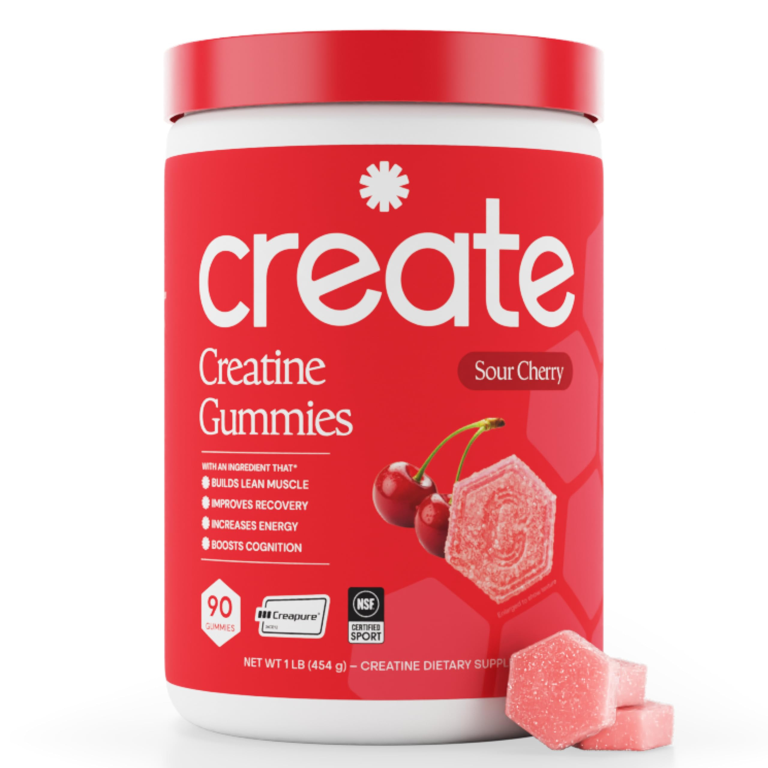 Create Creatine Monohydrate Gummies for Men & Women, Boost Focus, Strength, and Endurance, Anti-Melting Formula, Vegan, Gluten-Free, Non-GMO, 1.5g of Creatine per Gummy (Sour Cherry) | Amazon (US)