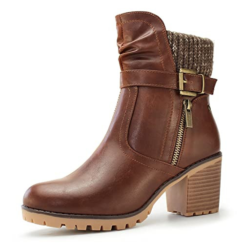Hawkwell Women's Zipper Chunky Heel Ankle Booties,Brown PU,9.5 M US | Amazon (US)