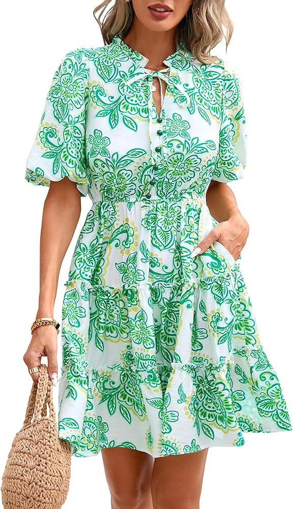 BTFBM Women Summer Floral Short Dresses V Neck Short Sleeve Tiered Ruffle Boho Swing Dress A-Line... | Amazon (US)