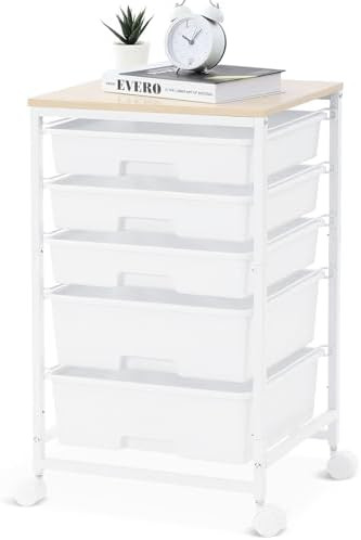 Utility Cart with 5 Drawers,Storage Drawer Cart with Wooden Tabletop and Lockable Wheels,Craft St... | Amazon (US)
