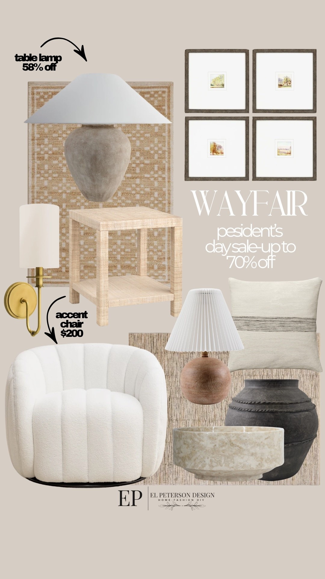 Wayfair
Presidents Sale up to 70% off
Area rugs
Artwork
Table lamp
Accent Chair
Vase
Wall sconce 
Pillow 


#LTKHome #LTKSaleAlert