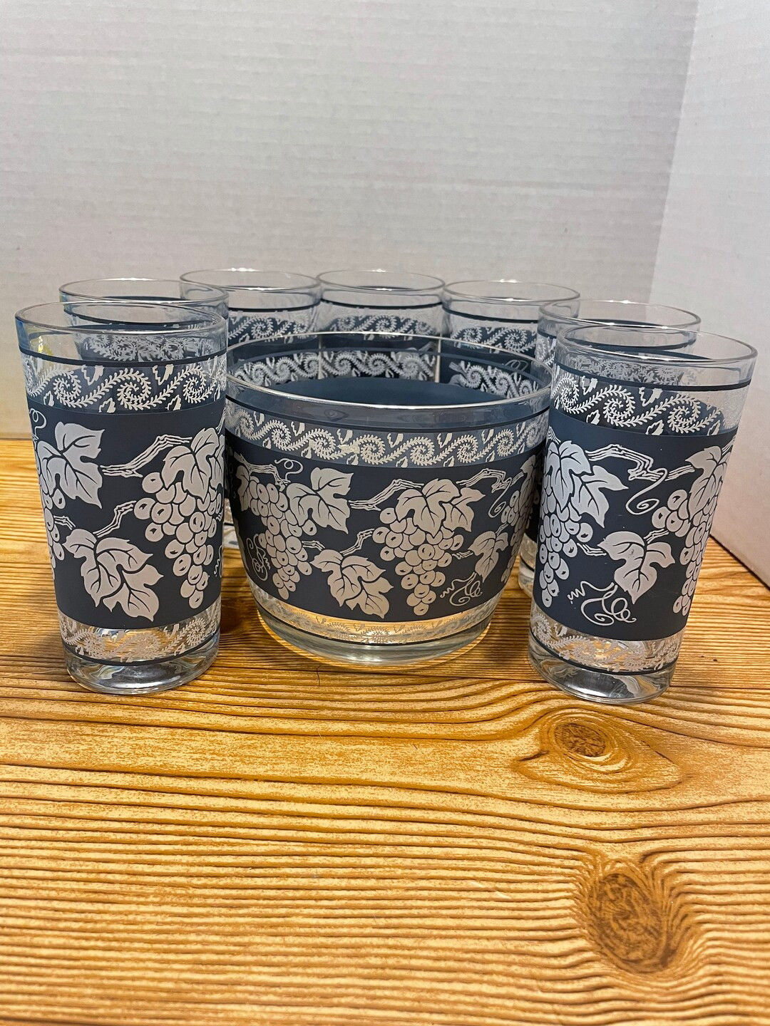 Col 35 by Colony Ice Bucket and Glasses White Grapes on Blue Platimum Trim - Etsy | Etsy (US)