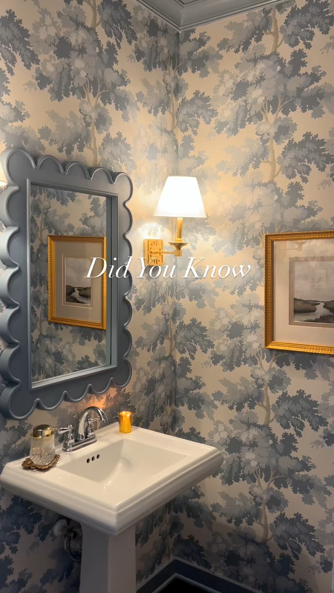 Glass soap dispenser gold trinket dish blue and white wallpaper powder bath decor powder bath Greek key sconce grandmillennial home decor 

#LTKHome