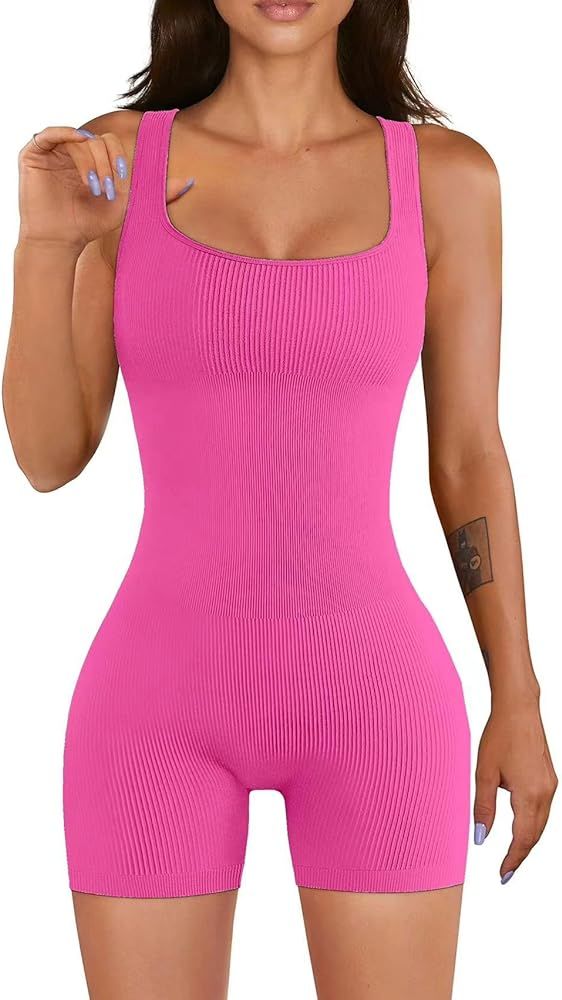 Women Yoga Romper Workout Ribbed Square Neck One Piece Seamless Tank Top Jumpsuit | Amazon (US)