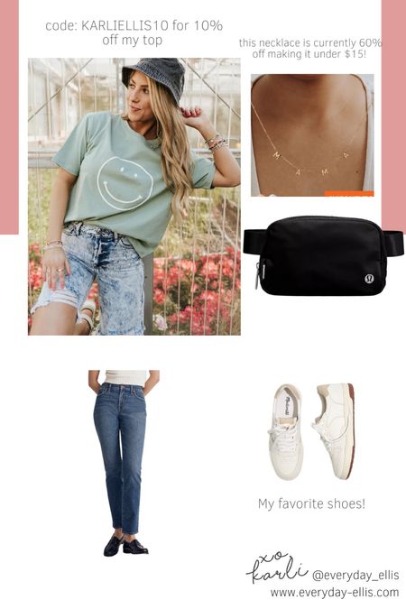 Mom outfit. Mom fashion. Lululemon belt bag. Outfit idea. OOTD. Discount code KARLIELLIS10 for 10% off the top. Madewell shoes. Madewell denim. Etsy necklace. Mama necklace. Sale alert. Summer mom fashion. Summer style  

#LTKsalealert #LTKunder50 #LTKstyletip