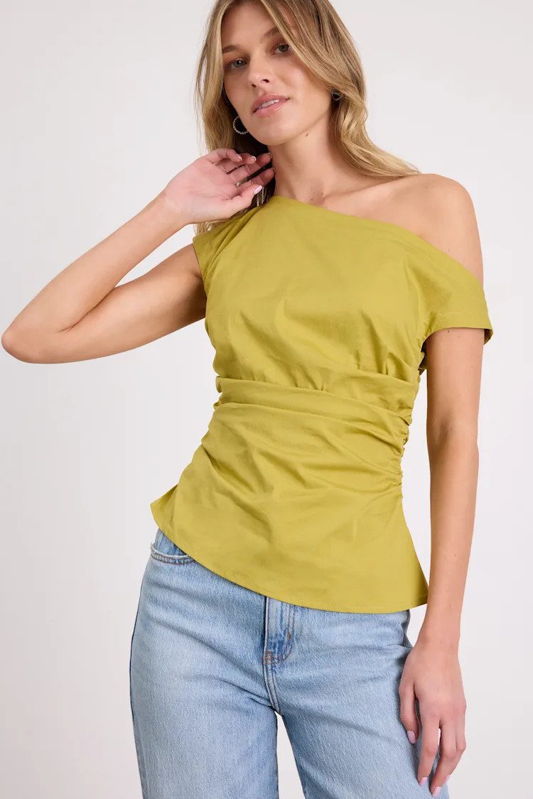 Debonair Chartreuse Poplin Ruched Asymmetrical Top | Lulus