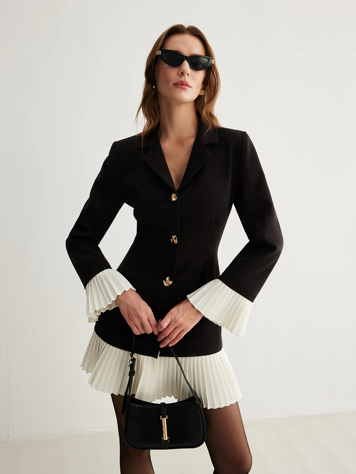 V-Neck Two-Tone Pleated Button Dress | Commense