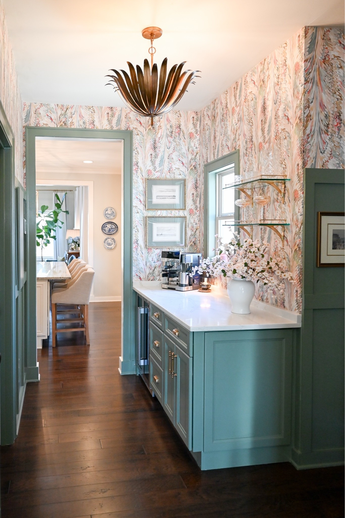 Dry bar wallpaper Lee Jofa wallpaper pendant light cabinet handles cabinet pulls antique gold cabinet handles blue and white plates plate wall