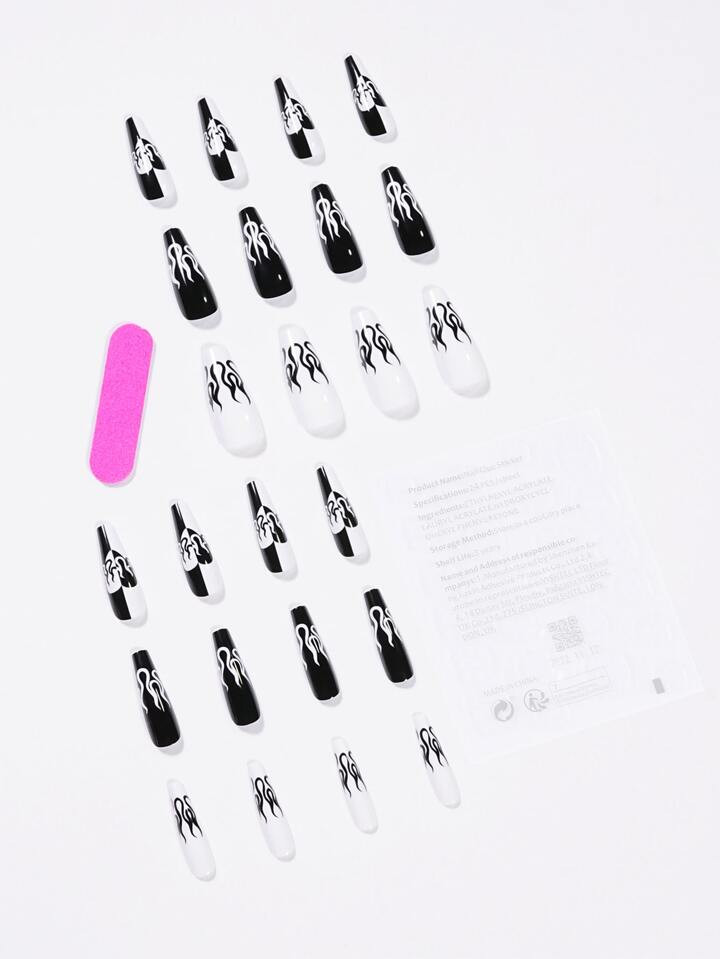 24 peças Comprido Unhas falsas  & 1pc Lixa de Unhas & 1 folha Tipo | SHEIN