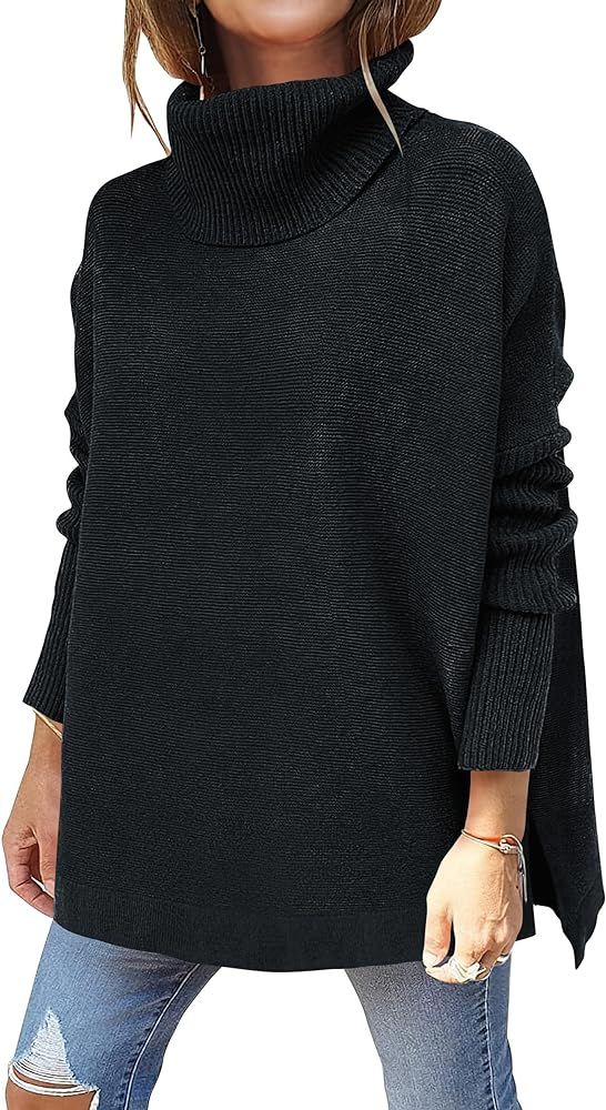 Caracilia Women's Turtleneck Oversized Knit Sweater 2022 Fall Long Batwing Sleeve Spilt Hem Pullo... | Amazon (US)