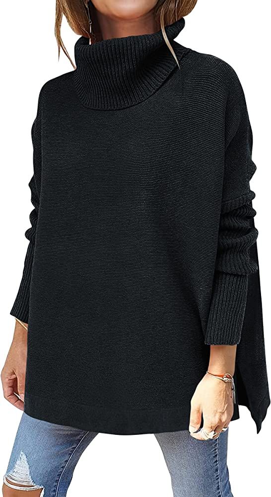 Caracilia Women's Turtleneck Oversized Knit Sweater 2022 Fall Long Batwing Sleeve Spilt Hem Pullo... | Amazon (US)