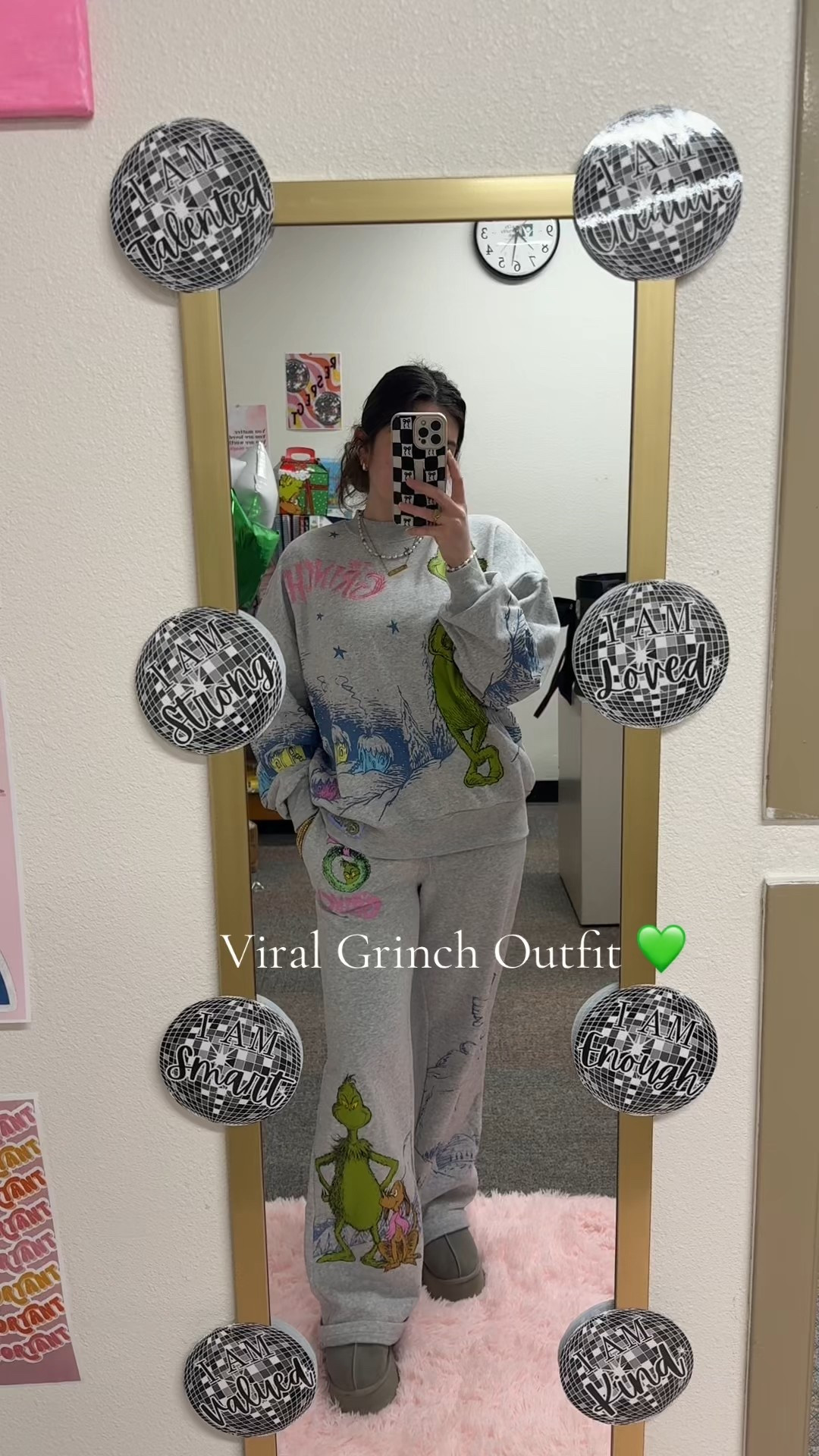 A must have Grinch sweat set! Perfect for those colder days for lounging and great for those teacher dress up days! 
The cutest set ever. Runs TTS; I am wearing a medium top for a oversized fit and XS bottoms (they are long but I am 5’0) wearing a platform Ugg with them and they don’t drag on the ground 😌 @target @UGG

#LTKHoliday #LTKPetite #LTKootd