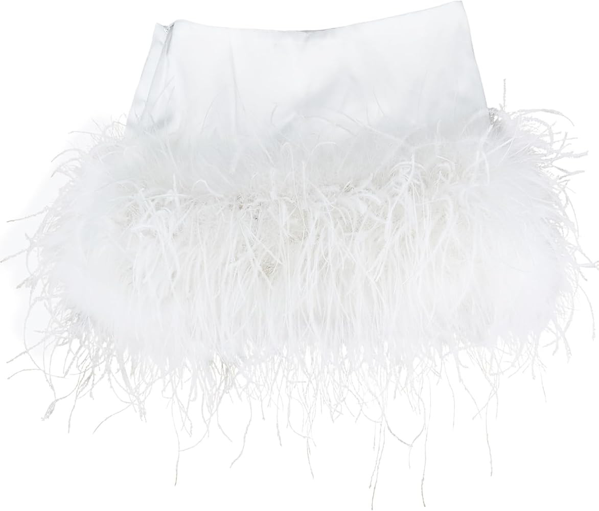 LVCOMEFF Satin Silk Mini Skirt with Feather Trim Skirt Low Waisted A-Line Short Skirt Y2k Club Ou... | Amazon (US)