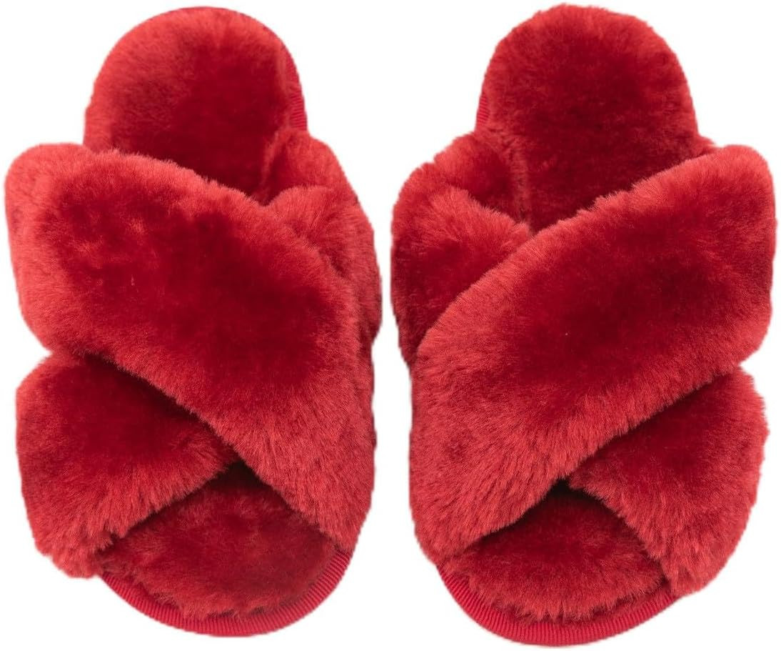 Girl's Fuzzy Fluffy Slippers Open Toe Cross Band Soft Plush House Slippers | Amazon (US)