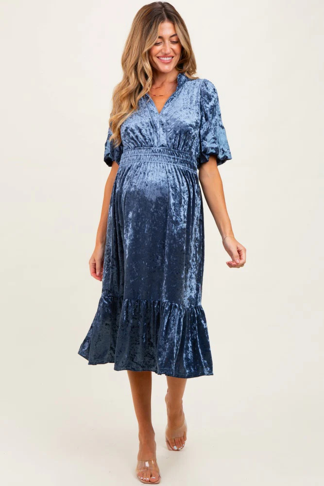 Blue Embroidered Velvet Smocked Waist Maternity Midi Dress | PinkBlush Maternity