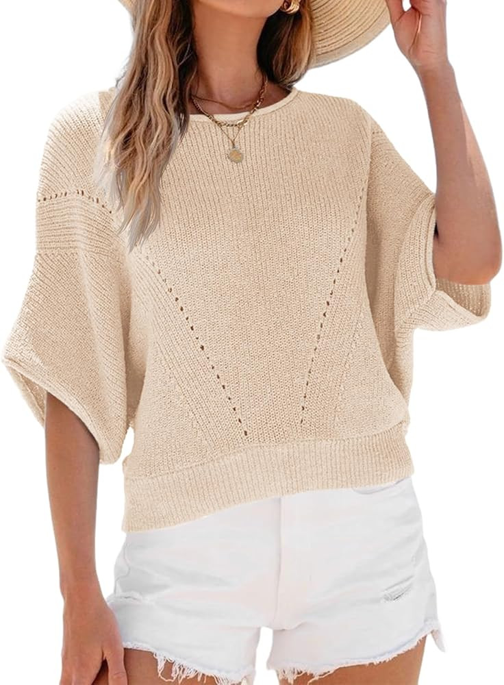 Saodimallsu Womens Short Batwing Sleeve Sweater Tops Crochet Knit Crew Neck Loose Casual Summer P... | Amazon (US)