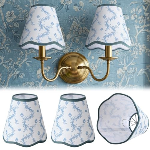 VIHOSE 2 Pcs Small Scalloped Lamp Shades Chandelier Lamp Shades 3 x 6 x 6 Inch Blue and White Linen Fabric Mini Scallop Lampshades with Trim Natural Tapered Lampshades for Wall Sconce Pendant Light | Amazon (US)