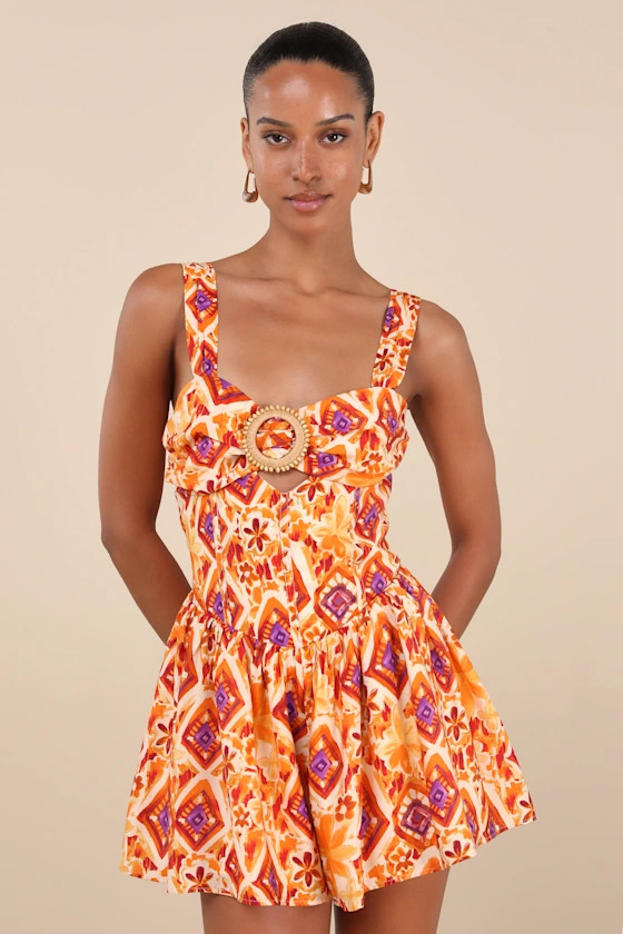 Luniper Orange Multi Boho Print Basque Waist Romper | Lulus