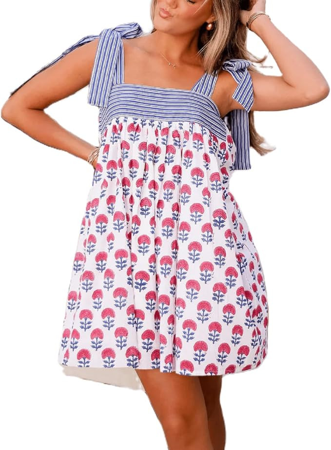 Women Y2K Tie Shoulder Mini Dress Bow Babydoll Ruffle Short Dress Summer Boho Floral Flowy Beach ... | Amazon (US)