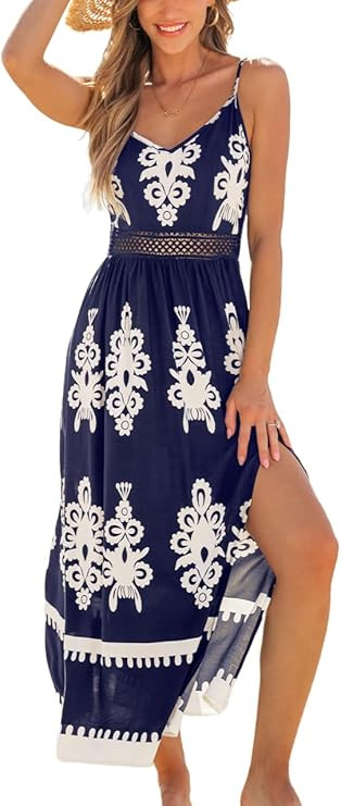 CUPSHE Women's Summer Maxi Dress V Neck Paisley Slit Cami Long Dress Beach Sundress | Amazon (US)