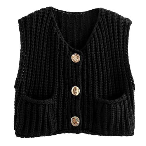 YBSKG Women Vest Tops Sleeveless V Neck Button Knit Sweater Vest with Pockets Black | Amazon (US)