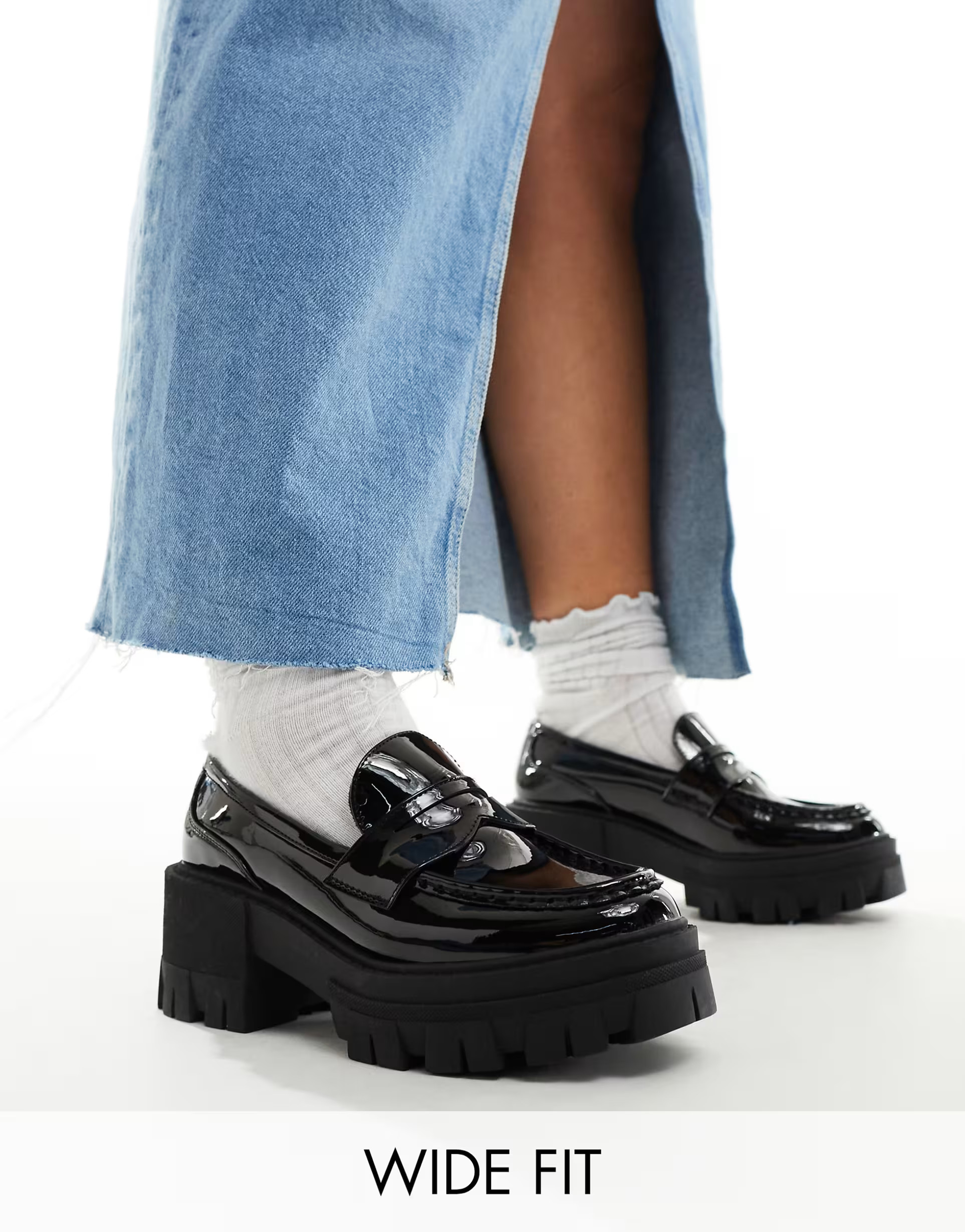 ASOS DESIGN Wide Fit Script chunky mid heeled loafers in black patent | ASOS (Global)