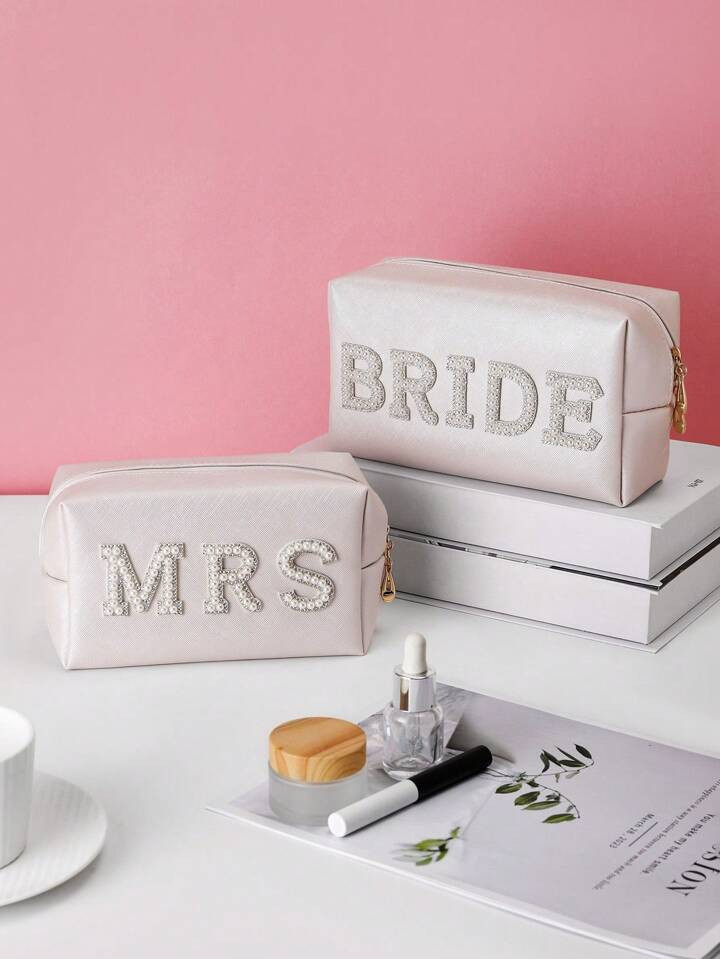 Letter Patch Nylon Embroidered Makeup Bag For Women'S Wedding Portable Large Capacity Wash Bag Wh... | SHEIN