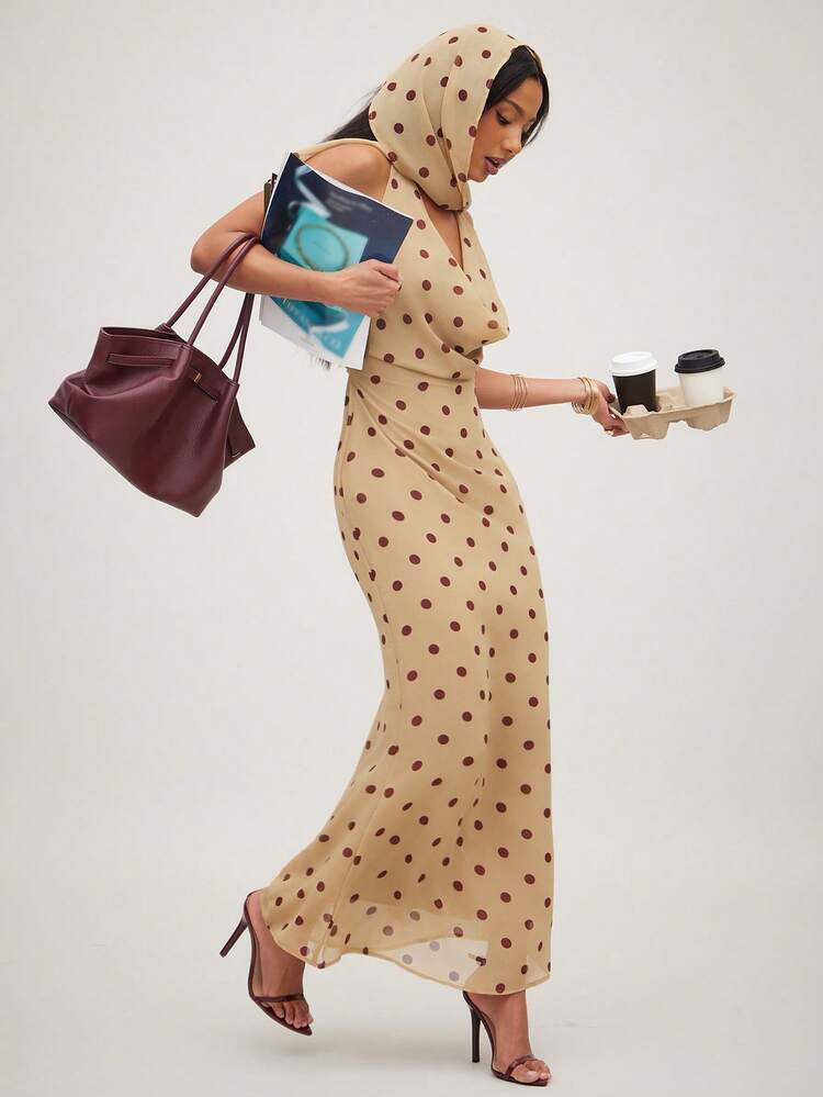 NYA SZN Dress Sleeveless Cowl Neck Halter Fitted Mermaid Mini Flare Scarf Headband Wrap Brown Tan Polka Dot Pattern Warm Weather Club Easter Holiday Spring Summer Vacation Event Party Occasion Luxury Elegant Maxi Length Outfits For Women | SHEIN