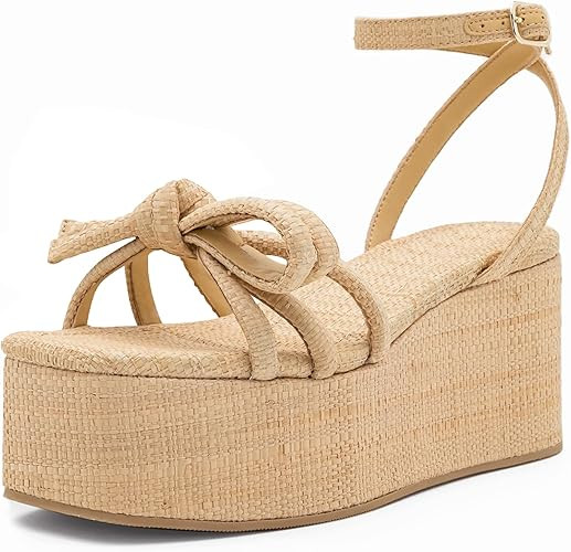 Raffia Platform Sandals for Women,Bow Ankle Strappy Espadrille Wedges Sandals Comfortable Square ... | Amazon (US)
