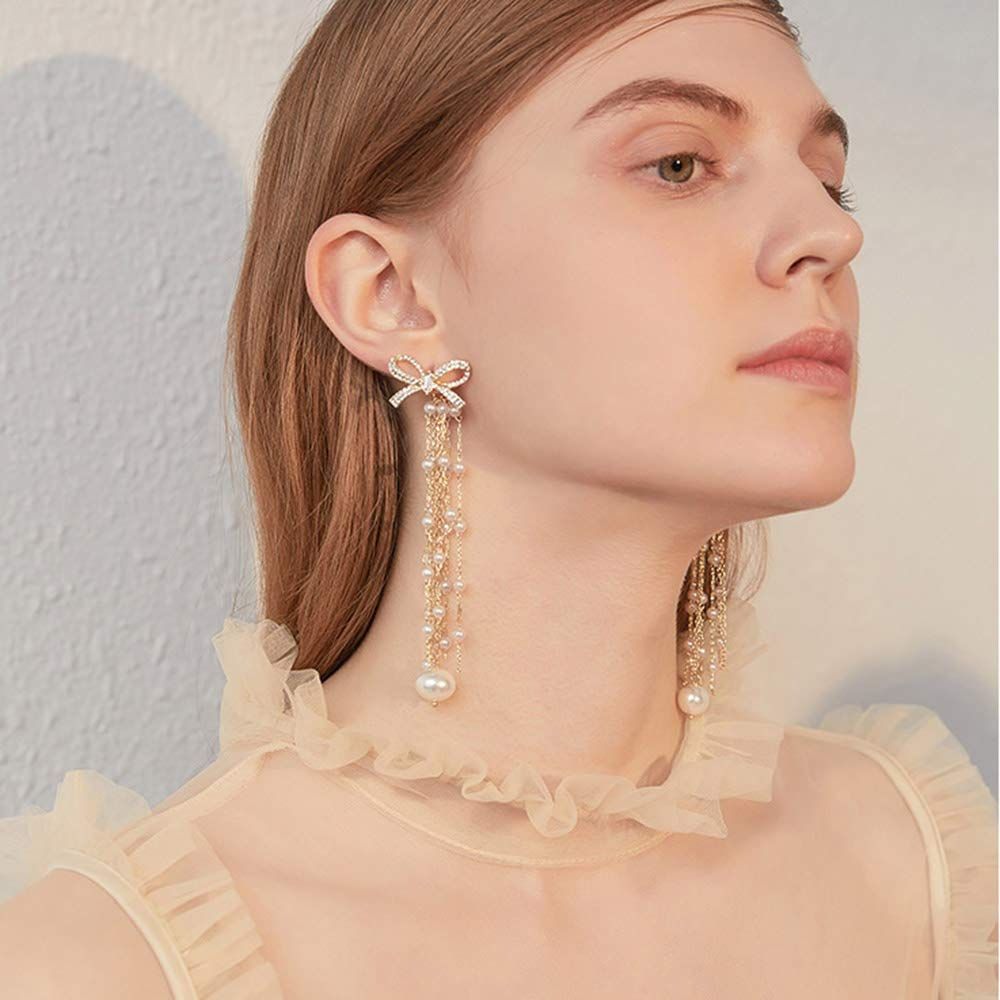 fxmimior Fashion Women Bow Pearls Tassel Long Earrings Lucky Gold Long Chain Drop Dangle Earrings... | Amazon (US)