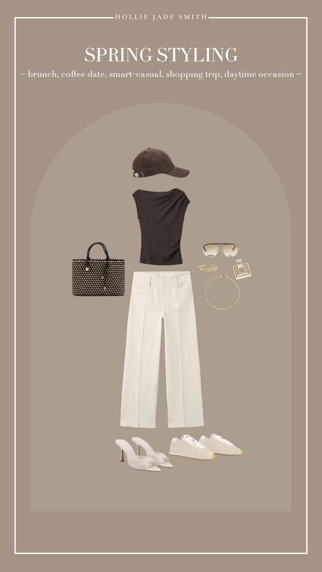 spring styling, neutral outfit, brown top, cream jeans / trousers, raffia bag, gold sunglasses, gold jewellery, mules, cream / white heels, beige trainers, brunch outfit, coffee date, shopping trip, daytime occasion outfit, spring outfits, smart casual.  

 #LTKuk #LTKspring #LTKsummer