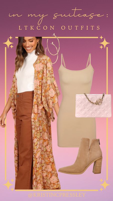 LTKCon outfit compilation. Daytime outfit. Fall outfit. Body con dress. Layering pieces. Fall dress. Fall kimono. Orange and pink floral kimono. Booties. Pink handbag. Gold hoops. Gold jewelry. Gold accents.￼

#LTKSeasonal #LTKCon #LTKstyletip