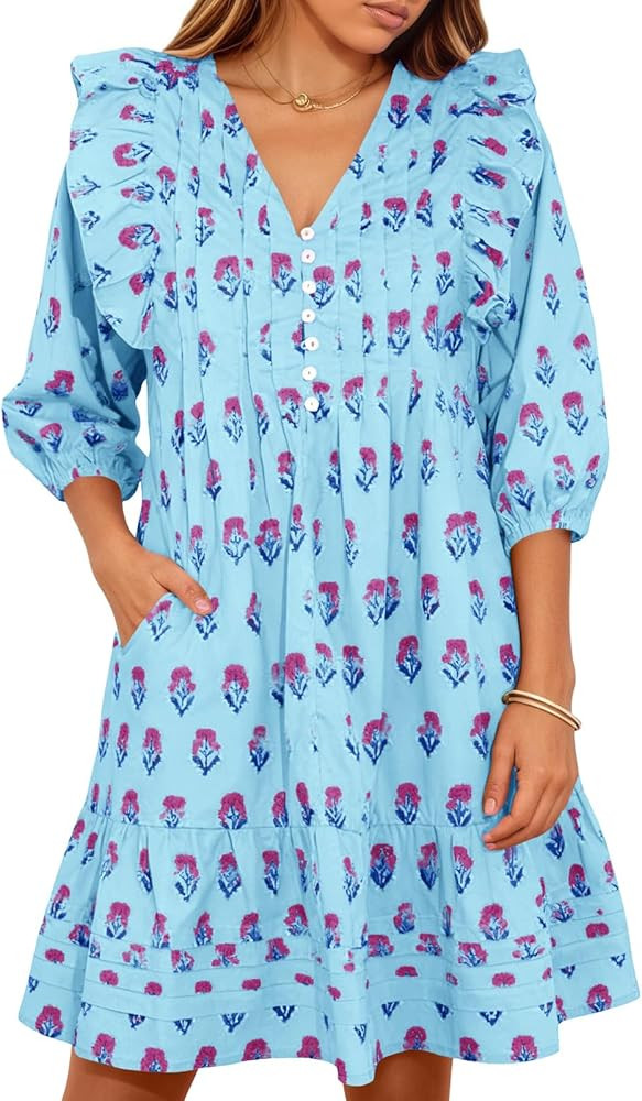 Wenrine Womens Mini Dresses Casual Ruffle 3/4 Lantern Sleeve Floral V Neck Loose Boho Babydoll Dr... | Amazon (US)