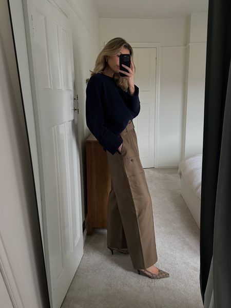 Reiss, Gucci, navy knit, navy jumper, khaki trousers, wide leg trousers, paper bag trousers, minimal outfit, sling back heels, Gucci shoes 

#LTKMostLoved #LTKSeasonal #LTKeurope