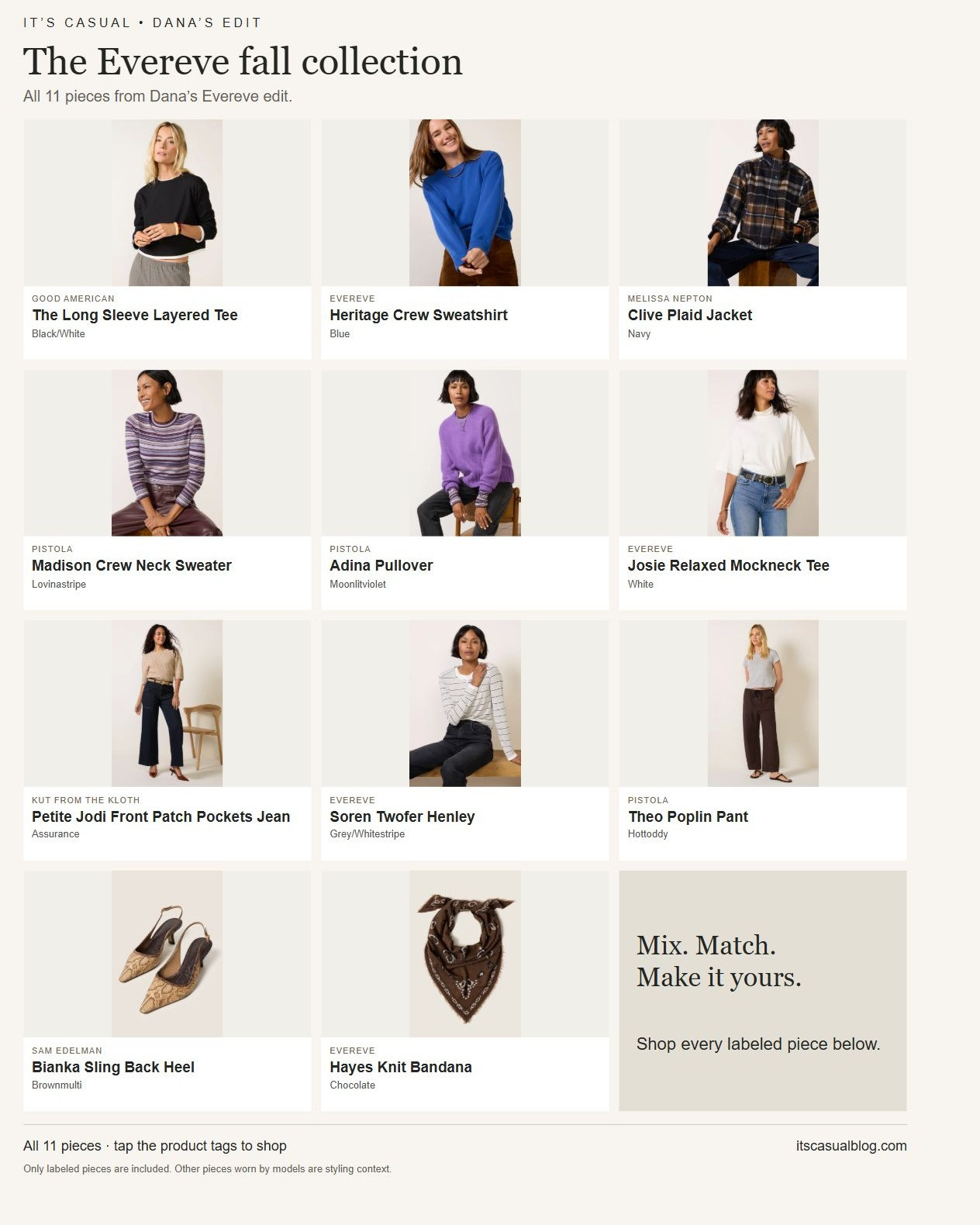The Evereve fall edit: all 11 product picks from my collection.

Mix colorful knits and easy tees with the navy Clive plaid jacket, petite Jodi jeans in Assurance or the chocolate-brown Theo pants. The printed Hayes bandana and Sam Edelman Bianka slingbacks add a little pattern. Tap the product tags to shop the full selection.

Exact product matches, including the original colors. The Jodi jeans are the petite version. Only labeled pieces are included; other items worn by the models are styling context.

More outfit ideas at itscasualblog.com. Affiliate links: I may earn a commission from purchases. 

 