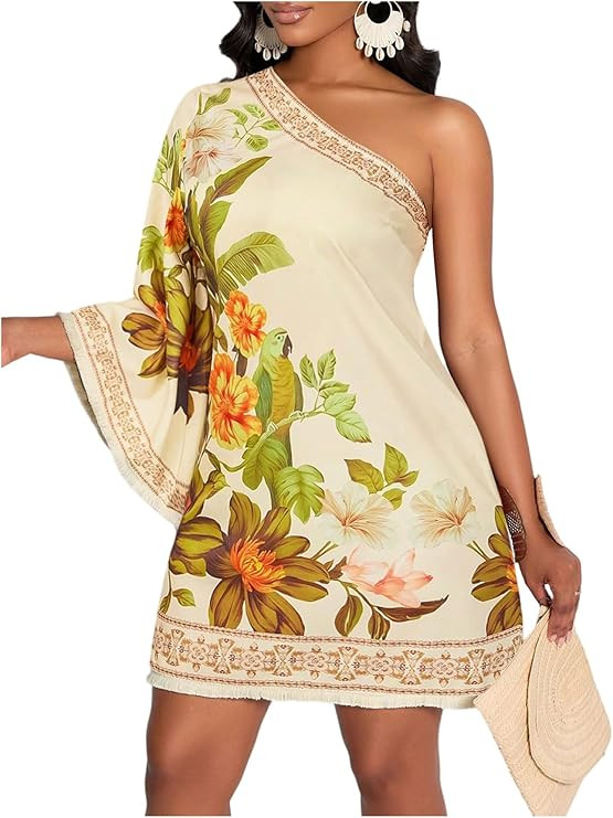 Floerns Women's Tropical One Shoulder Tunic Dress Dolman Sleeve Beach Vacation Summer Dresses | Amazon (US)