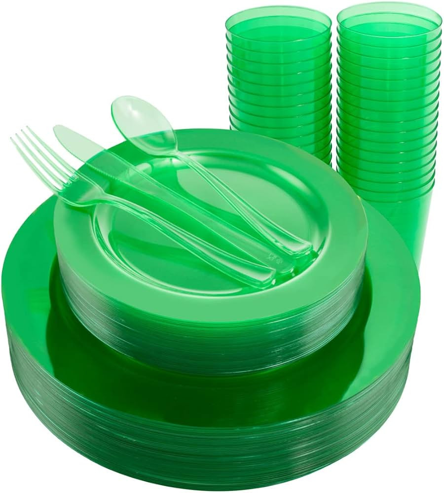 COLOSUS 36 Guests Christmas Plastic Party Plates and Silverware Disposable Dinnerware set - Green... | Amazon (US)