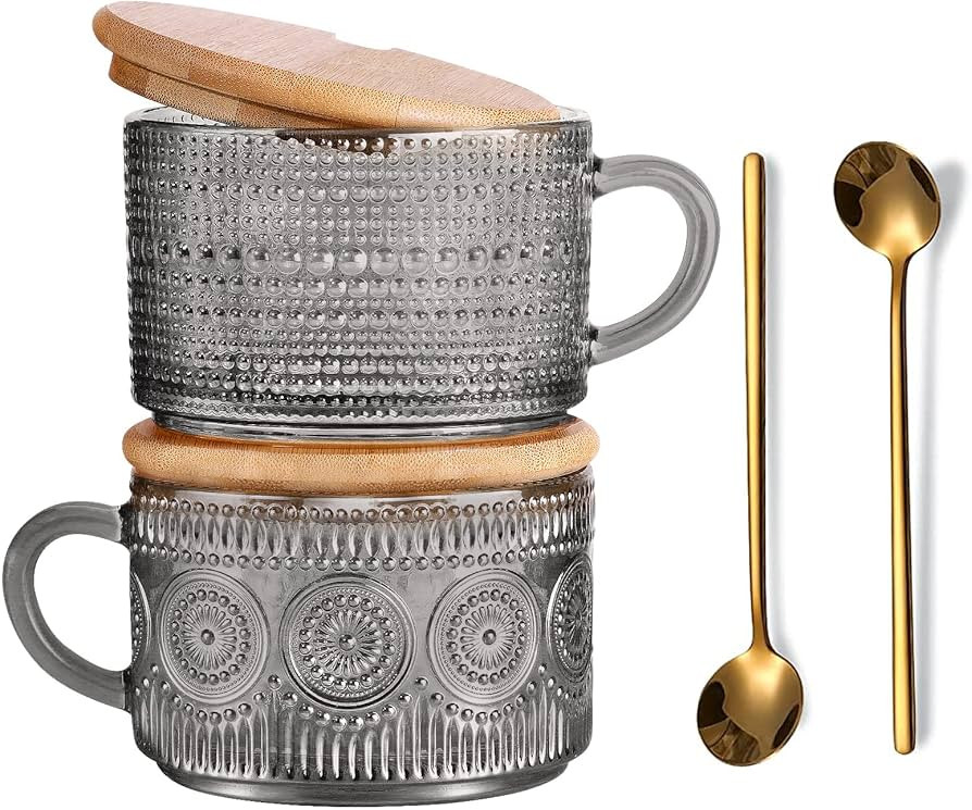 Vintage Glass Coffee Mugs, 14 Oz Set of 2 Embossed Glassware Tea Cups for Breakfast, Dessert, Cap... | Amazon (US)